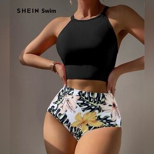 SHEIN Black High Neck Crop Swimsuit Top with White Tropical High-Waist Bottoms